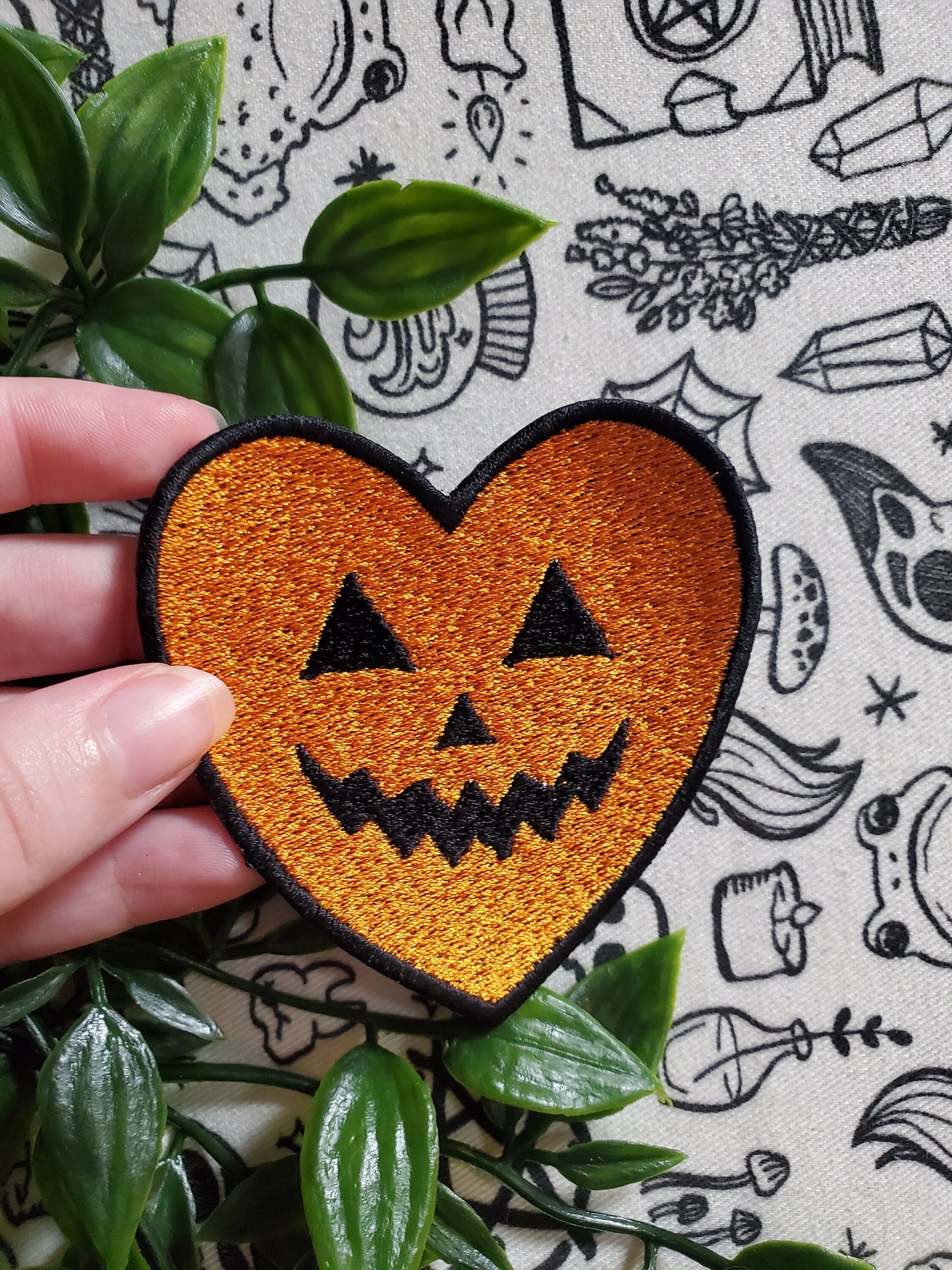 Jack o lantern pumpkin heart patch, iron on sew on patch