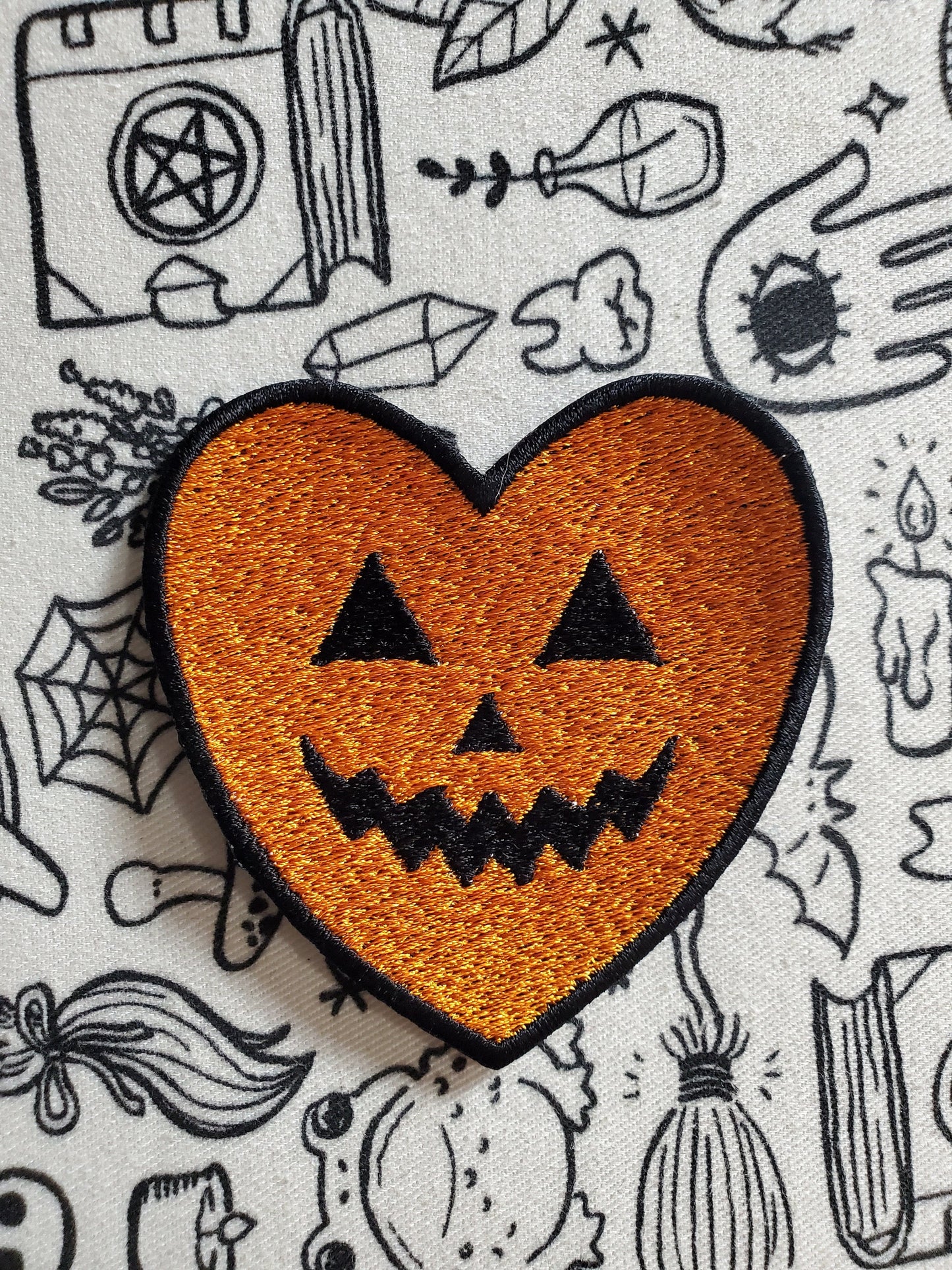 Jack o lantern pumpkin heart patch, iron on sew on patch