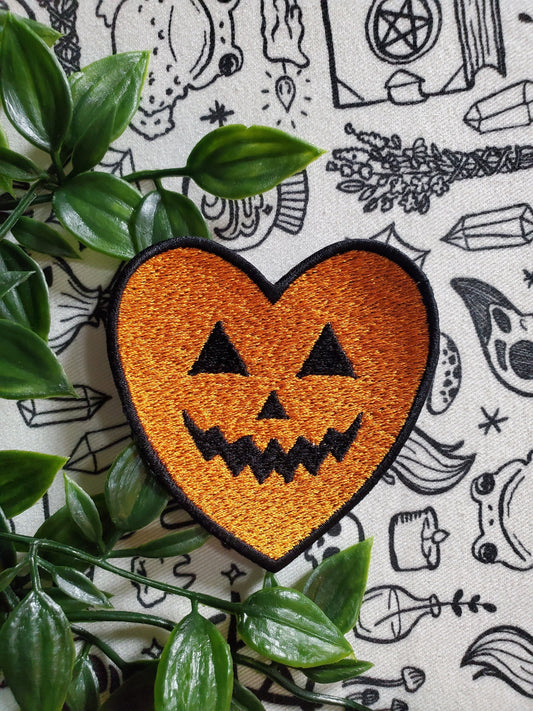 Jack o lantern pumpkin heart patch, iron on sew on patch