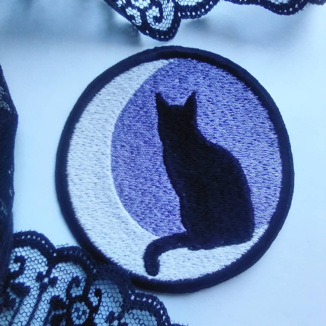 Black cat moon iron on sew on patch, glow in the dark