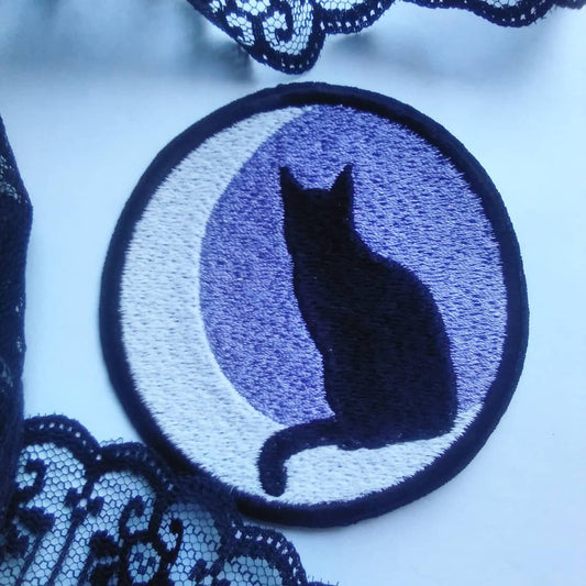 Black cat moon iron on sew on patch, glow in the dark