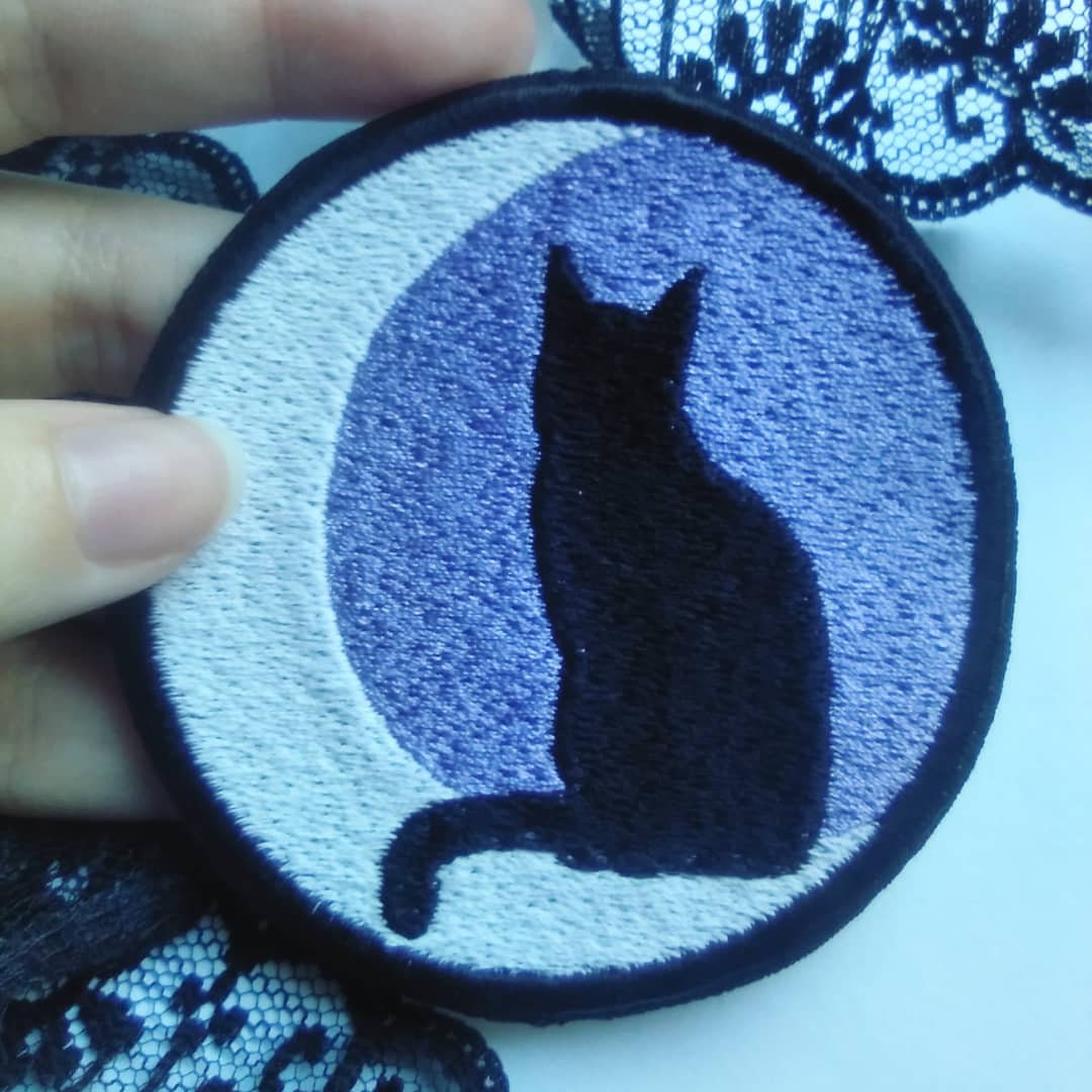 Black cat moon iron on sew on patch, glow in the dark